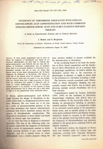 S. Borgstrm J. Becker - Incidence of thrombosis associated with epsilon-aminocaproic acid administration and with combined epsilon-aminocaproic acid and subcutaneous heparin therapy (dediklt)