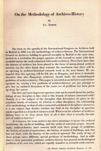 Gy. Ember - On the Methodology of Archives-History