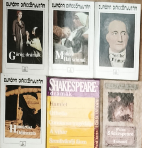 Homérosz, Goethe, Moliére Wiliam Shakespeare - 6db kötelező olvasmány (6 kötetben több mű) - W. Shakespeare-Szonettek, Hamlet, Homérosz-Odüsszeia, Goethe-Faust, Moliére-Hat színmű, Görög drámák