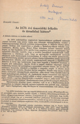 Benczdi Lszl - Az 1670. vi Tiszavidki felkels s trsadalmi httere - Dediklt - Klnlenyomat