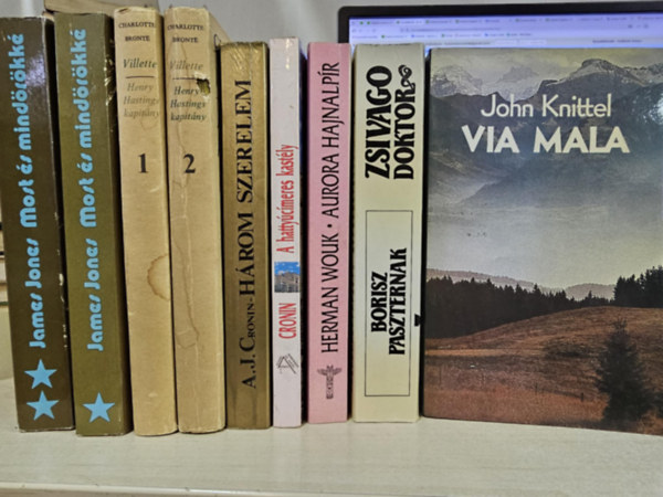 John Knittel, Borisz Paszternak, Herman Wouk, A. J. Cronin, Charlotte Bront�, James Jones - 7db m�, K�NYVMENT� AJ�NLAT 9 k�tetben: Via mala+ Zsivago doktor+ Aurora hajnalp�r+ A hatty�c�meres kast�ly+ H�rom szerelem+ Villette- Henry Hastings kapit�ny I-II+ Most �s mind�r�kk� I-II.