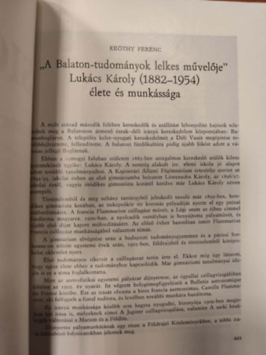 Re�thy Ferenc - "A Balaton-tudom�nyok lelkes m�vel�je" Luk�cs K�roly (1882-1954) �lete �s munk�ss�ga (K�l�nlenyomat)