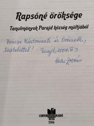 Horvth Istvn, Ozsvt Pl, Vcsei A Csiki Zoltn - Rapsn rksge - Tanulmnyok Parajd kzsg mltjbl
