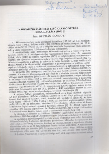 Bezdán Sándor - A hódmezővásárhelyi első olvasó népkör megalakulása ( 1869) (1) - Különlenyomat - Dedikált