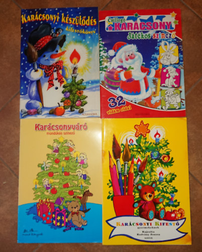 4 kifest�f�zet kicsiknek kar�csonyra: Kar�csonyi k�sz�l�d�s - kifest�k�nyv, Kar��csonyv�r� - mond�k�s sz�nez�, Kar�csonyi kifest�, Csillog� kar�csony - J�t�kos sz�nez�