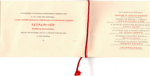 Ismeretlen Szerző - Meghívó Sztálin-híd felavatására