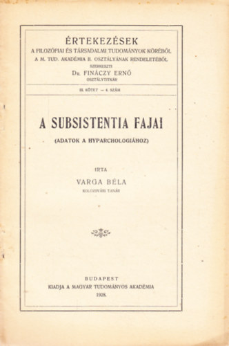 Varga B�la - A subsistentia fajai (adatok a hyparchologi�hoz)