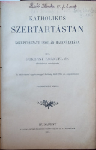Dr. Pokorny Emánuel - Katholikus szertartástan középfokozatú iskolák használatára