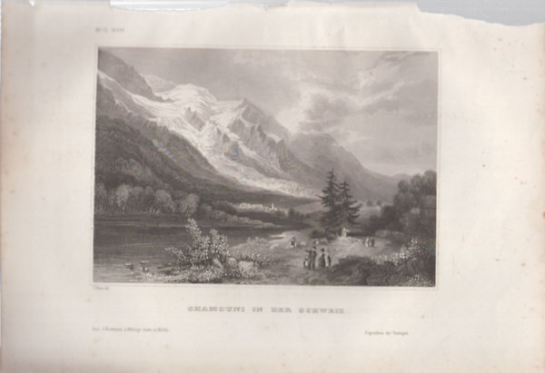 Chamouni in der Schweiz (Chamouni-völgy, Svájc, Európa) (16x23,5 cm méretű eredeti acélmetszet, 1856-ból)