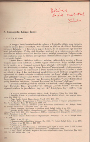 V. Kovcs Sndor - A humanista Lszai Jnos - Klnlenyomat - Dediklt