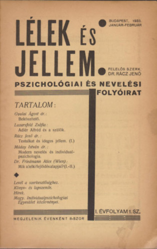 L�lek �s Jellem - Pszichol�giai �s nevel�si foly�irat I.�vf. 1.sz 1933. Janu�r-Febru�r