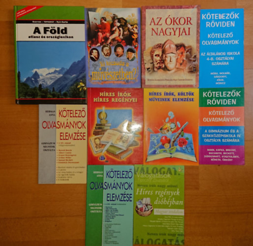10 db az iskolai tanulmnyokhoz hasznos knyv: Ki kicsoda a mvszetben? / Az kor nagyjai / Ktelez olvasmnyok az ltalnos iskola 4-8. osztlya szmra / Ktelez olvasmnyok a gimnzium s szakkzpiskola IV. osztlya (telje