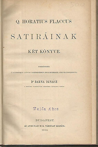 Dr. Barna Ign�cz - Q. Horatius Flaccus satir�inak k�t k�nyve