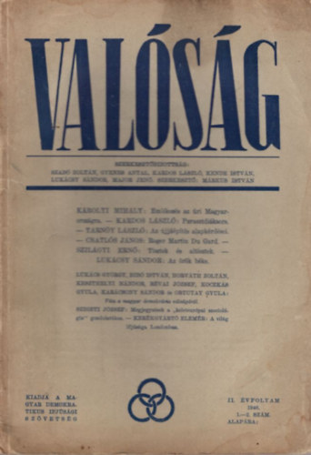 Gyenes Antal, Kardos László Szabó Zoltán - Valóság II. évfolyam 1946. 1-2. szám
