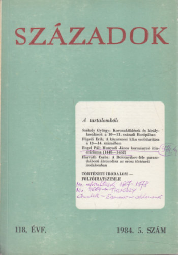 Századok 1984/5. (A Magyar Történelmi Társulat közlönye)