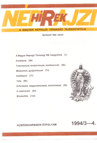 Hála József (szerk.) - Néprajzi Hírek 1994/3-4. (23. évfolyam)