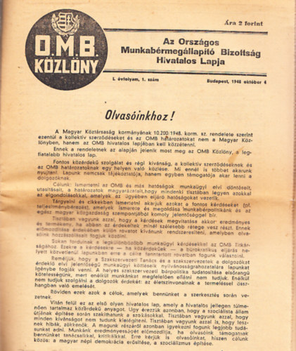 O.M.B. kzlny (Az Orszgos Munkabrmegllapt Bizottsg Hivatalos Lapja)- I.vfolyam, 1-3.szmok (3 db. lapszm)