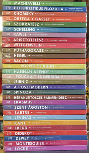 Erasmus, Szent �goston, Jean-Paul Sartre, Emmanuel Levinas, Kant, Freud, Diderot, Dewey, Montesquieu, Locke Spinoza - 29 db A vil�g filoz�fusai k�nyv: Machiavelli, Hellenisztikus filoz�fia, Chomsky, Ortega y Gasset, Sz�krat�sz, Schelling, Rawls, Arisztotel�sz, Wittgenstein, P�thagorasz, Hegel, Bacon, Popper �s Kuhn, Hannah Arendt, Foucault �s Derrida, Leib