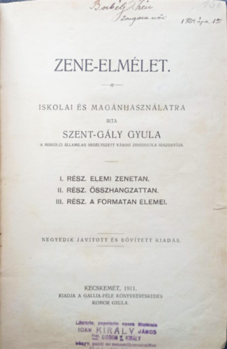 Szent-Gly Gyula - Zene-elmlet iskolai s magnhasznlatra