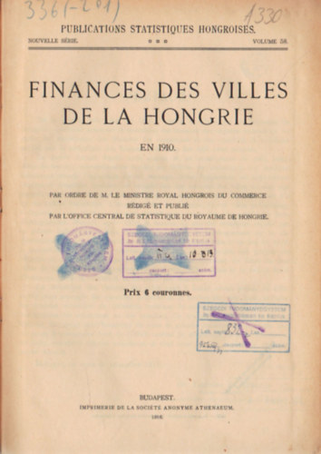 Finances des villes de la hongrie en 1910- Publications Statistiques Hongroises