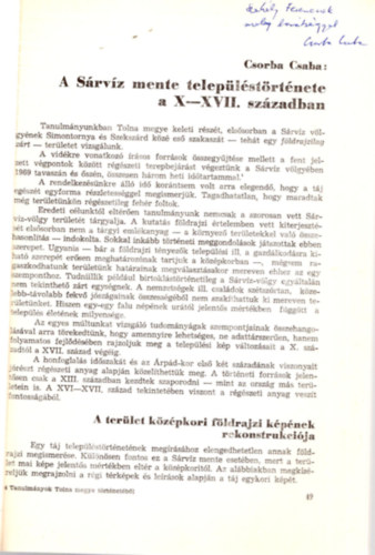 A Sárvíz mente településtörténete a X-XVII. században - dedikált- Különlenyomat (Tanulmányok Tolna megye történetéből III.)