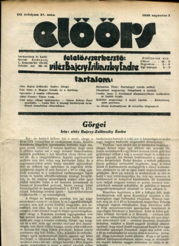 vit�z Bajcsy-Zsilinszky Endre  ( felel�s szerkeszt�) - El��rs foly�irat III. �vf. 31. sz�m. 1930. augusztus 2.