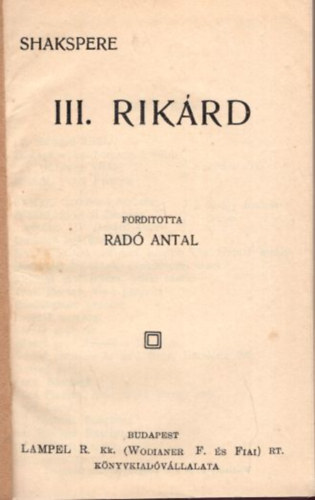Radó Antal Shakspere - III. Rikárd
