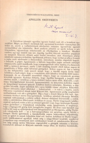 Trencsényi-Waldapfel Imre - Apollón Smintheus - Különlenyomat- Dedikált