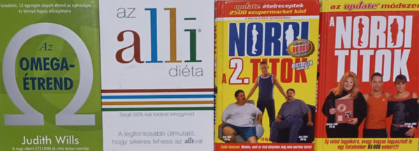 dr.V�g�si Em�ke , Schobert Norbert Judith Wills (szerk.) - Di�t�s k�nyvek:Az alli di�ta - Seg�t 50%-kal t�bbet fogynod + Az Omega-�trend + A Norbi titok + Norbi - A 2. titok (4 m�)