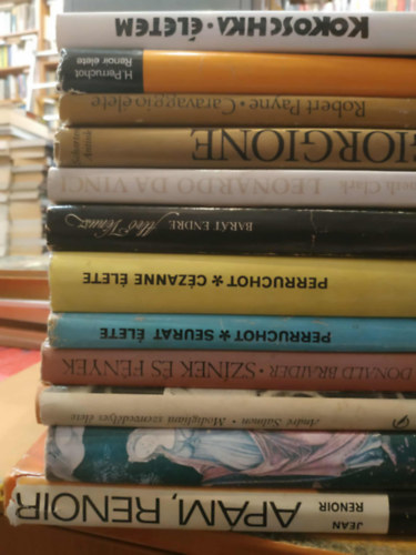 Barát Endre, Kenneth Clark, Láng György, André Salmon, Donald Braider, Robert Payne, Jean Renoir Perruchot - 12 db festészet: Giorgione; Caravaggio élete; Renoir élete; Életem; Apám, Renoir; Primavera; Modigliani szenvedélyes élete; Színek és fények; Seurat élete; Cézanne élete; Alvó Vénusz; Leonardo Da Vinci