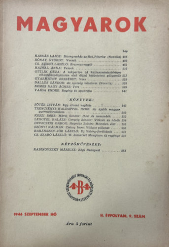 Juh�sz G�za  (szerk.) - Magyarok - 1946 Szeptember - II. �vfolyam 9. sz�m