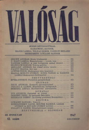 Lukcsy Sndor  (szerk.), Major Lszl (szerk.), Tolnai Gbor (szerk.), Ujhelyi Szilrd (szerk.) Karcsony Sndor (szerk.) - Valsg III. vf. 12. szm (1947. december)