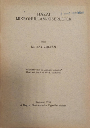 Bay Zoltn - Hazai mikrohullm ksrletek - Klnlenyomat