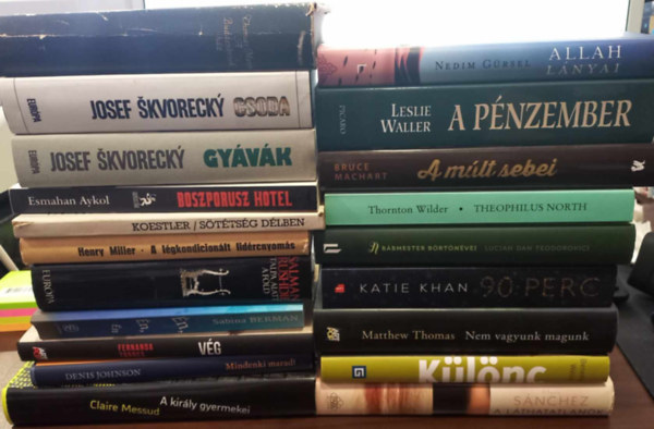 Matthew Thomas, Josef Skvorecky, Arthur Koestler, Salman Rushdie Thornton Wilder - 20 db szpirodalom - knyvcsomag: Allah lnyai, A pnzember, A mlt sebei, Theophilus North, A bbmester brtnvei, 90 perc, Nem vagyunk magunk, Klnc, A lthatatlanok, A Buddenbrook hz, Csoda, Gyvk, Boszporusz Hotel, Sttsg