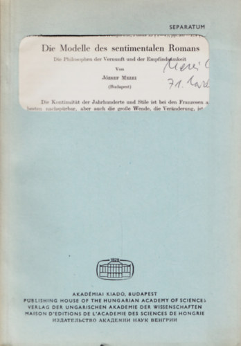 Mezei József - Die Modelle des sentimentalen Romans - Separatum