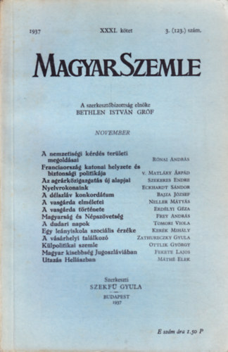 Bethlen Istv�n gr�f - Magyar Szemle 1937. november XXXI. k�tet 3. (123.) sz�m