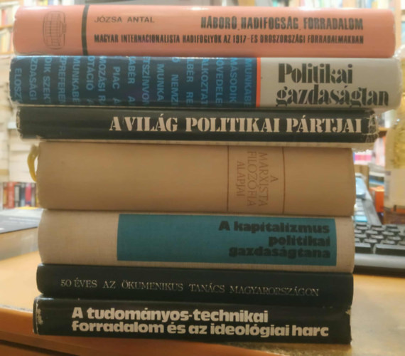 7 db T�rsadalompolitika: A tudom�nyos-technikai forradalom �s az ideol�giai harc; 50 �ves az �komenikus tan�cs Magyarorsz�gon; A kapitalizmus politikai gazdas�gtana; A Marxista filoz�fia alapjai; A vil�g politikai p�rtjai; Politikai gazda