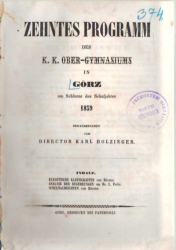 Karl Holzinger - Zehntes programm des k.k. Ober-gymnasiums in G�rz am Schlusse des Schuljahres1859