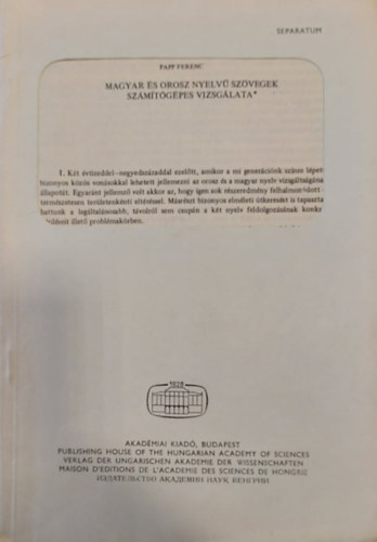 Papp Ferenc - Magyar s Orosz nyelv szvegek szmtgpes vizsglata (Klnlenyomat)