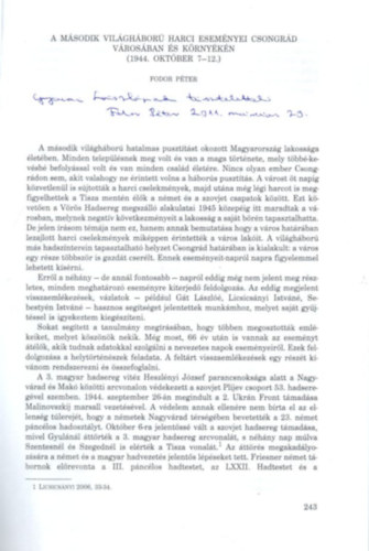 Fodor P�ter - A m�sodik vil�gh�bor� harci esem�nyei Csongr�d v�ros�ban �s k�rny�k�n ( 1944. okt�ber 7-12. ) - dedik�lt - K�l�nlenyomat