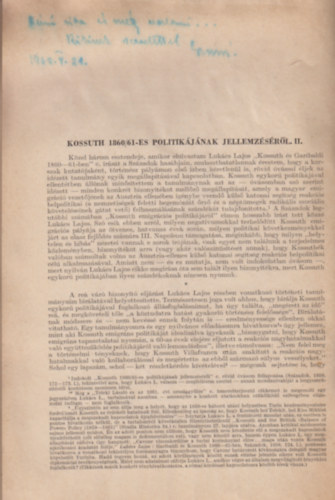 Szabad Gyrgy - Kossuth 1860/61-es politikjnak jellemzsrl. II. (klnlenyomat)