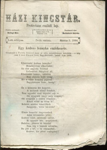 Batizfalvi Istvn Ballagi Mr  (szerk.) - Hzi kincstr. Protestns csaldi lap. 5-dik vfolyam. 5-ik szm. Mrtius 3. 1864.