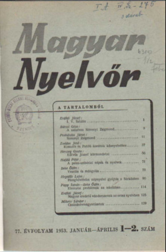 Beke �d�n - Magyar nyelv�r 1953  �vi teljes �vfolyam (egybek�tve )