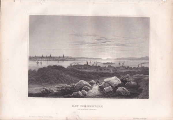 Bay von Newyork von Hoboken gesehen (New York ltkpe Hoboken fell, USA, szak-Amerika) (16x23,5 cm mret eredeti aclmetszet) (1856)