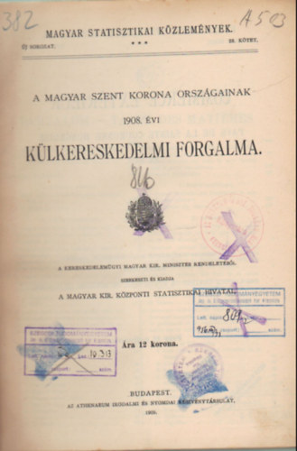 A Magyar Szent Korona orsz�gainak 1908. �vi k�lkereskedelmi forgalma. Magyar Statisztikai K�zlem�nyek 28. k�tet