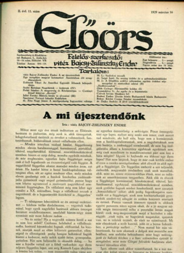 vit�z Bajcsy-Zsilinszky Endre  ( felel�s szerkeszt�) - El��rs foly�irat II. �vf. 11. sz�m. 1929. m�rcius 16.