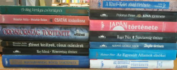 Mary Fulbrook, Weiszh�r Attila-Weiszh�r Bal�s, Sellers-May-Mcmillen, Hahner P�ter, Sz�nt� Gy�rgy Tibor, Roger Price, Edwin O. Reischauer, Polonyi P�ter, Arthur Goldschmidt Jr. Bert�nyi Iv�n - 13 db t�rt�nelem: Magyarorsz�g r�vid t�rt�nete; N�metorsz�g t�rt�nete; N�met kir�lyok, r�mai cs�sz�rok; Oroszorsz�g t�rt�nete; Csat�k kislexikona; A vil�g kir�lyai �s kir�lyn�i; Az Egyes�lt �llamok t�rt�nete; Az Egyes�lt