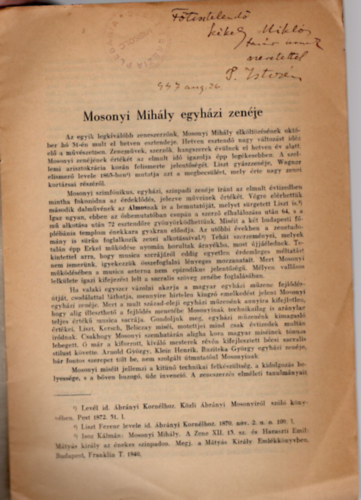 Sonkoly Istvn dr. - Mosonyi Mihly egyhzi zenje- Klnlenyomat a Katolikus Kntor egyhzzenei kzlny  1940.  11-12. s az 1941. 1. szmbl - dediklt