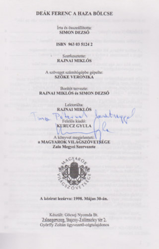 Simon Dezső - Deák Ferenc a haza bölcse (Kurucz Gyula dedikációjával)