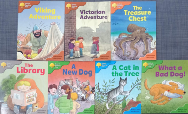 7 db Oxford Reading Tree sorozatbl: The Library (Stage 1)+A New Dog (Stage 2)+What a Bad Dog! (Stage2)+A Cat in the Tree (Stage 3)+The Treasure Chest (Stage 6)+Viking Adventure (Stage 8)+Victorian Adventure (Stage 8)